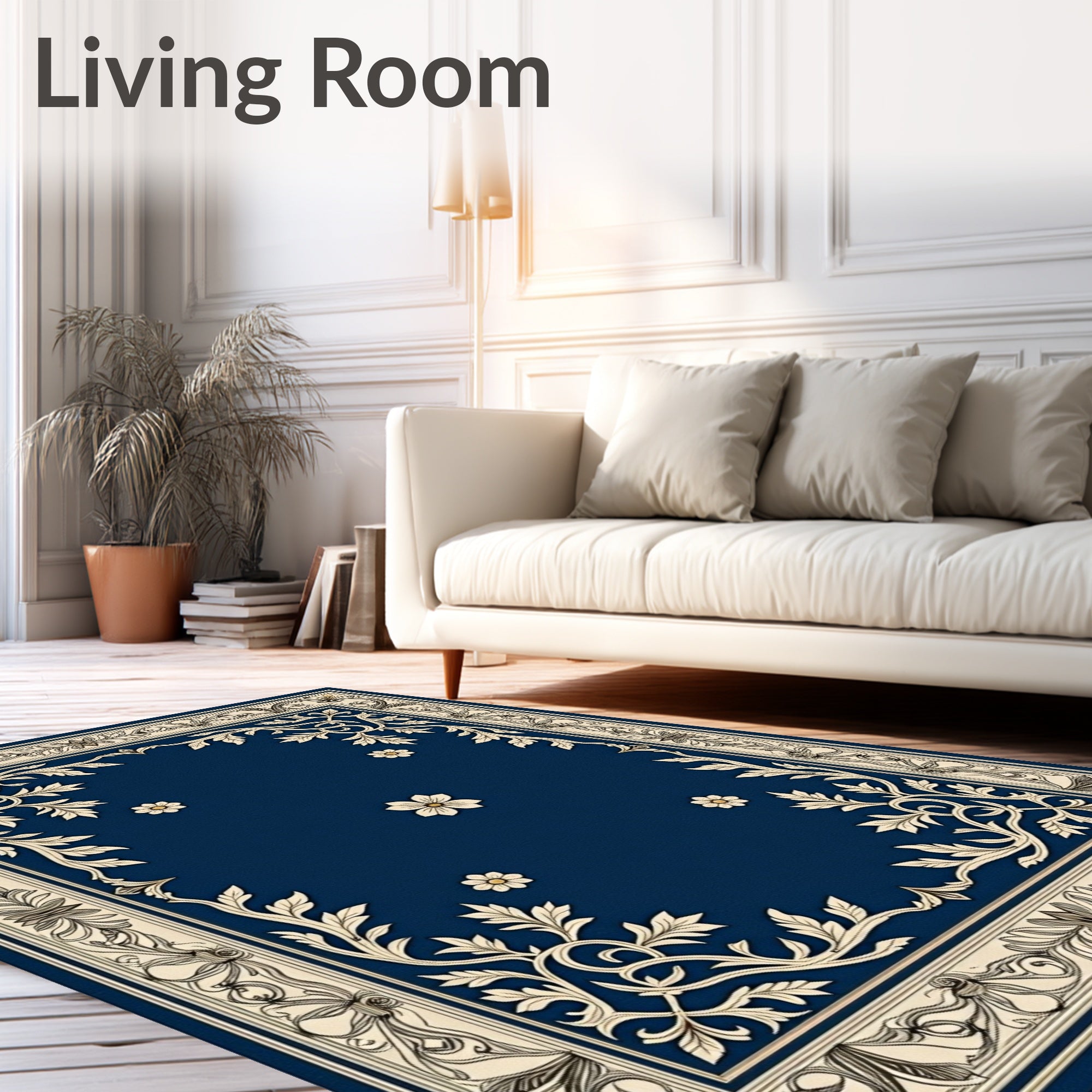 Ornate Navy Floral Patterned Rug