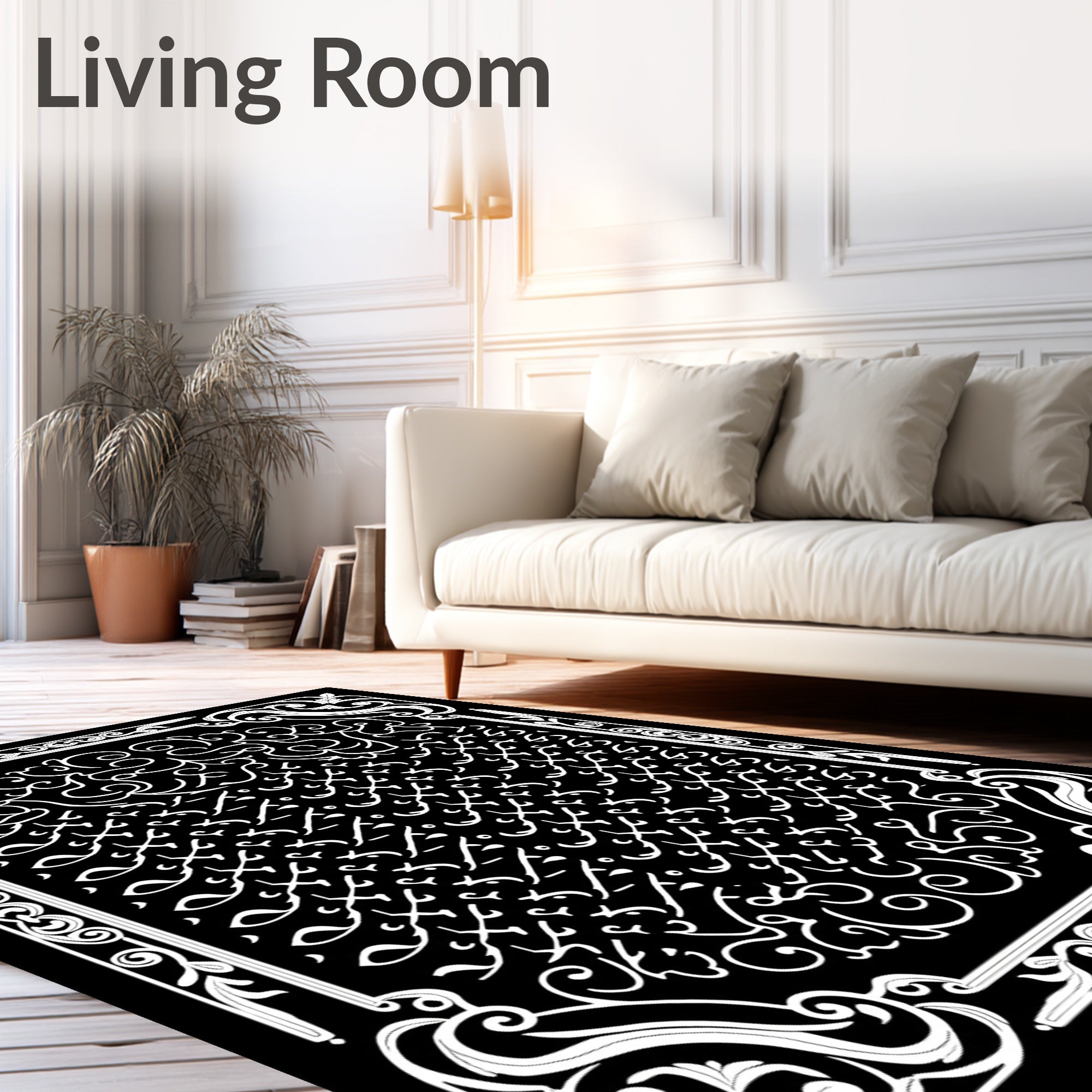 Monochrome Intricate Scrollwork Pattern Rug