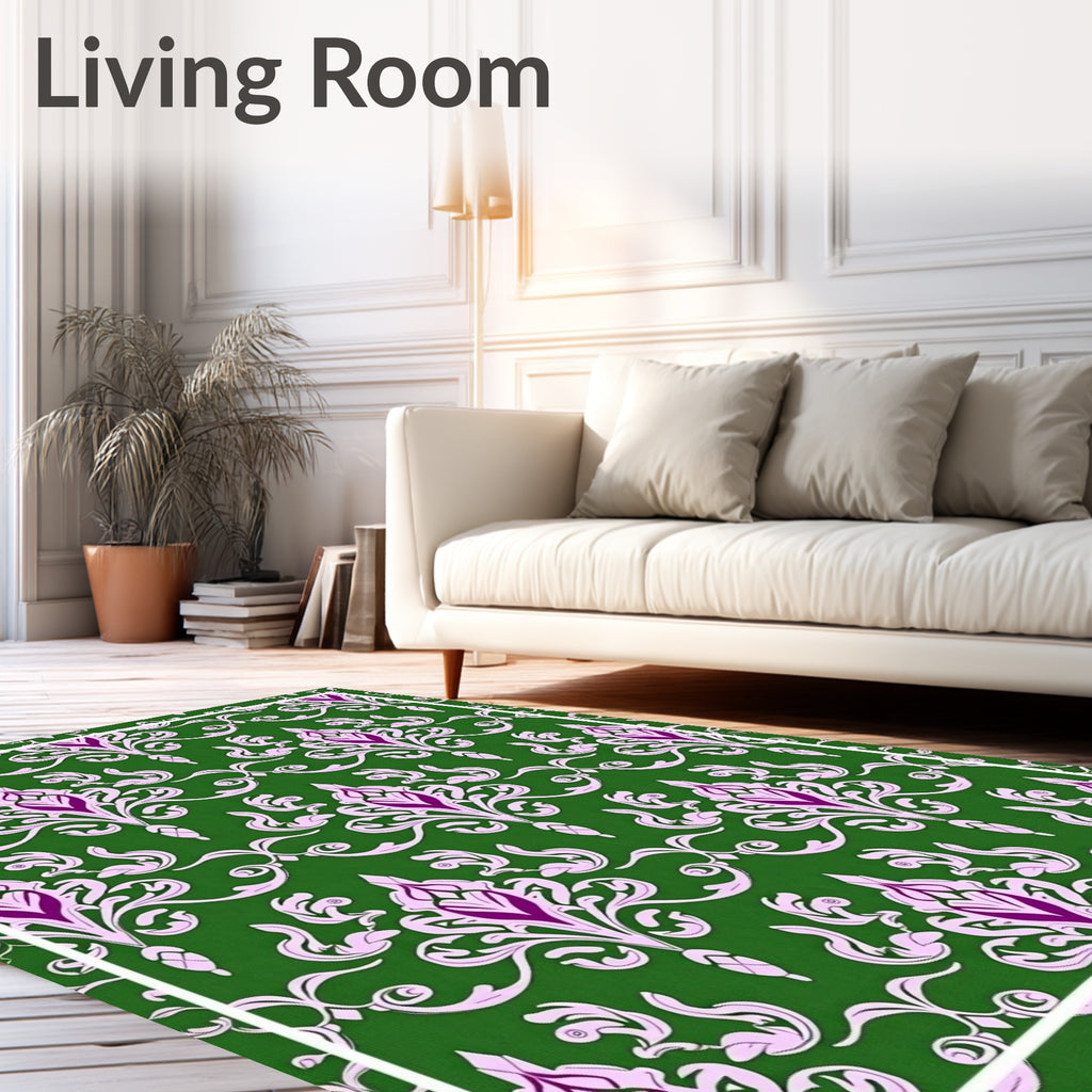 Green Damask Floral Pattern Rug