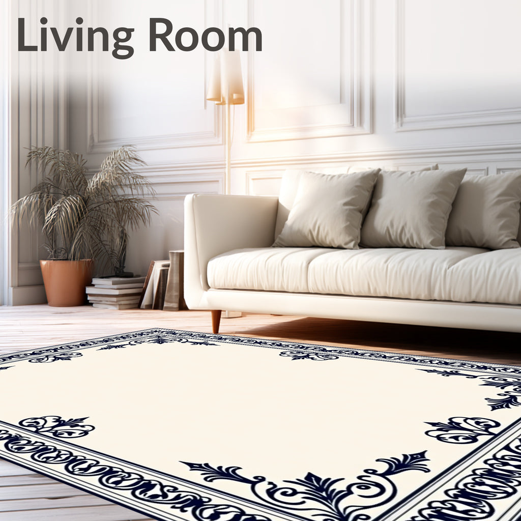 Ornate Dark Navy Floral Border Design Rug