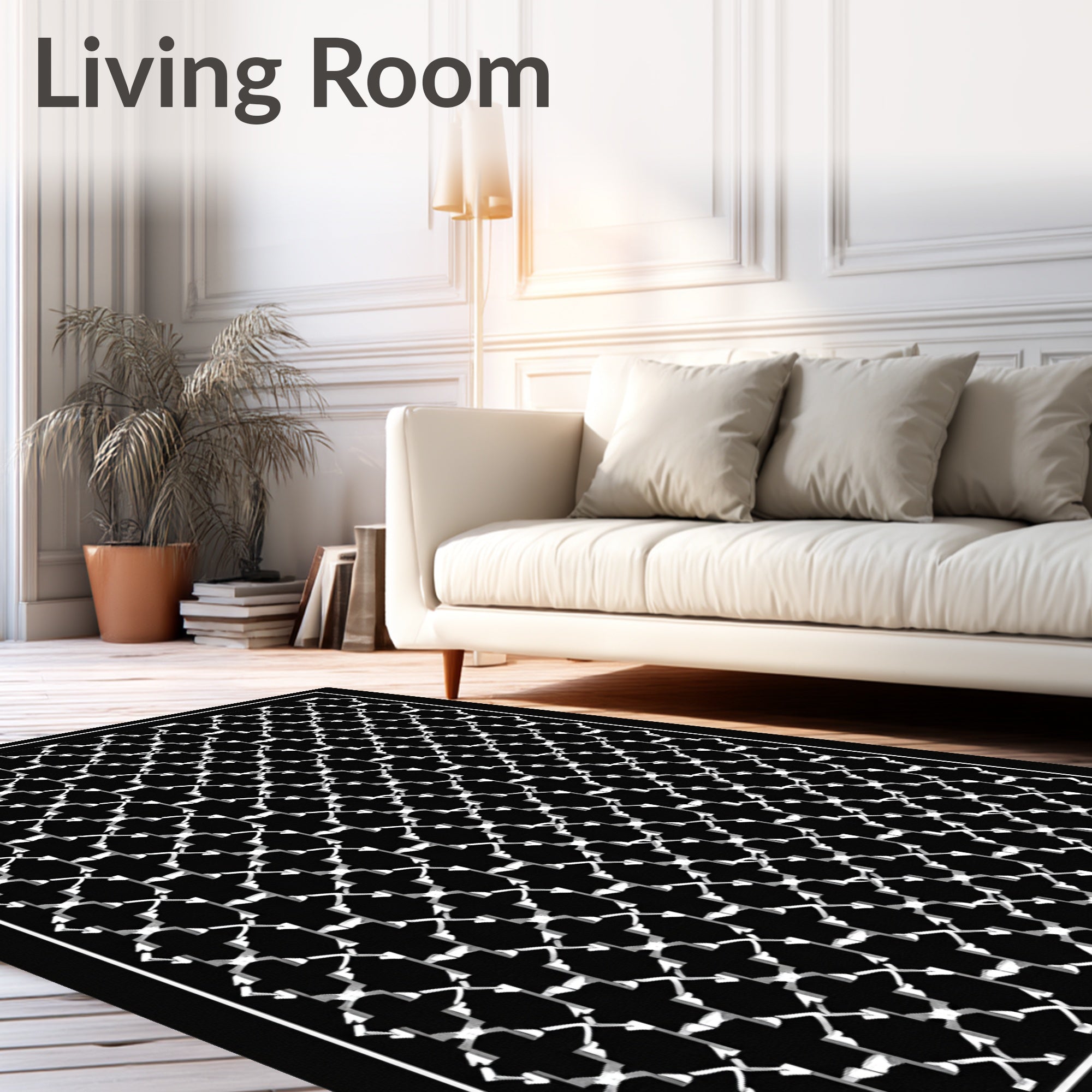 Classic Trellis Patterned Black White Rug