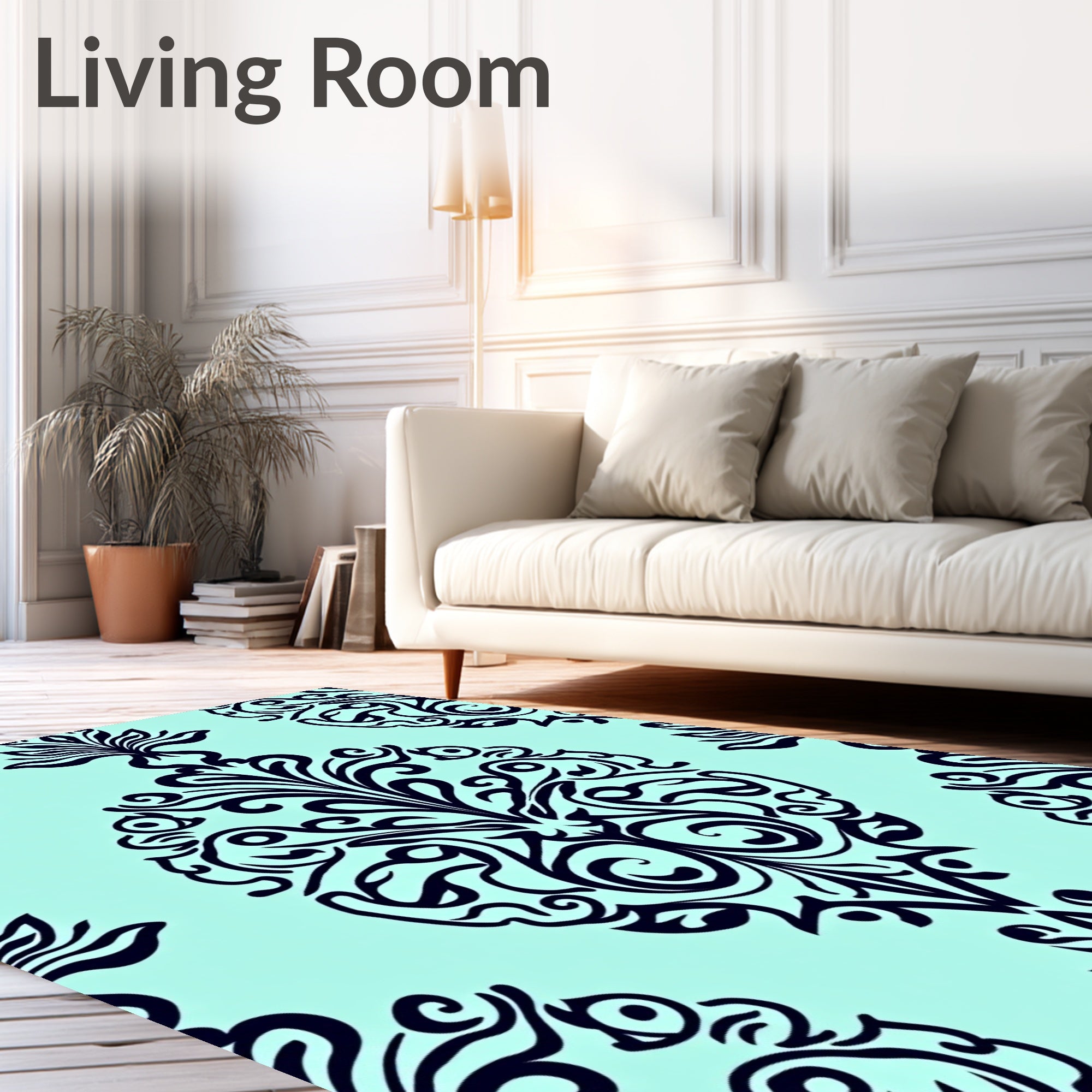 Elaborate Navy Damask Pattern Design Rug