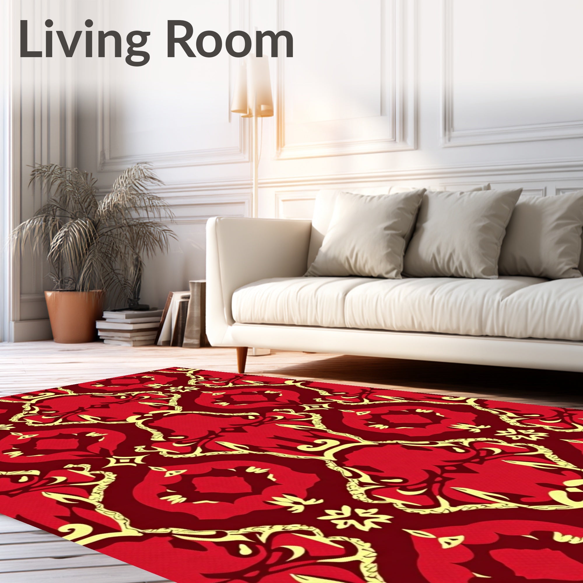 Red Yellow Ornate Scrollwork Pattern Rug