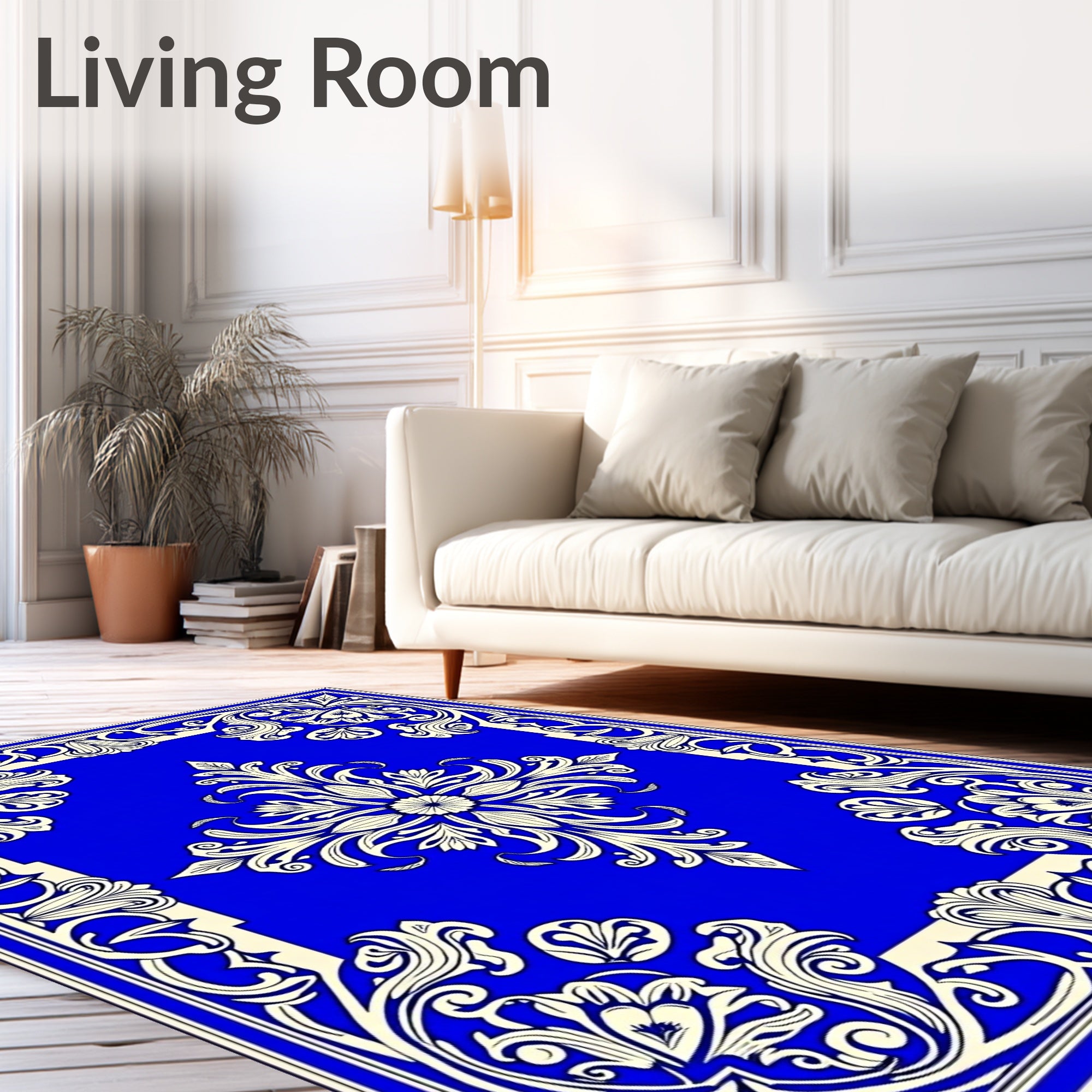 Elegant Ivory Floral Blue Border Rug