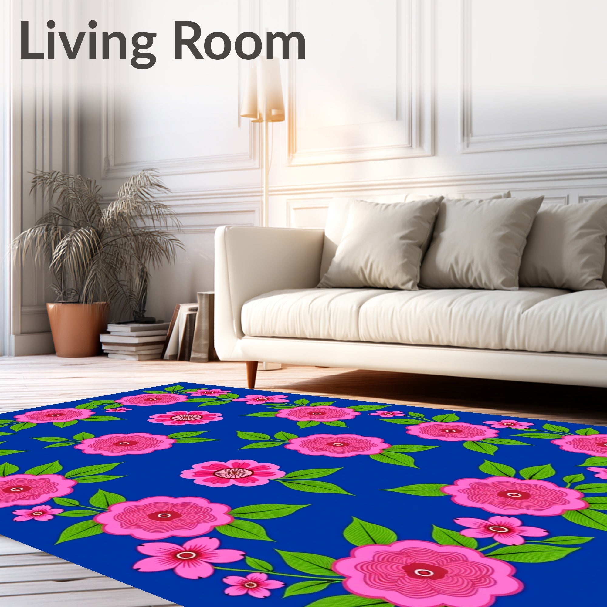 Pink Floral Pattern On Blue Canvas Rug