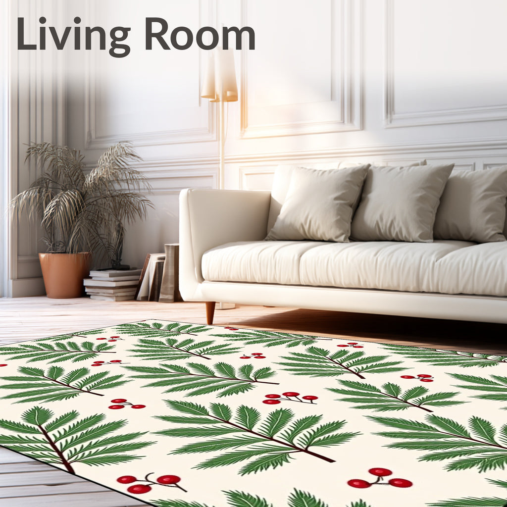 Green Fern Red Berry Botanical Spread Rug