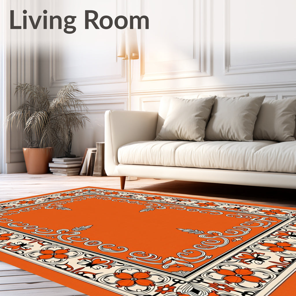 Orange Floral Bordered Rococo Rug