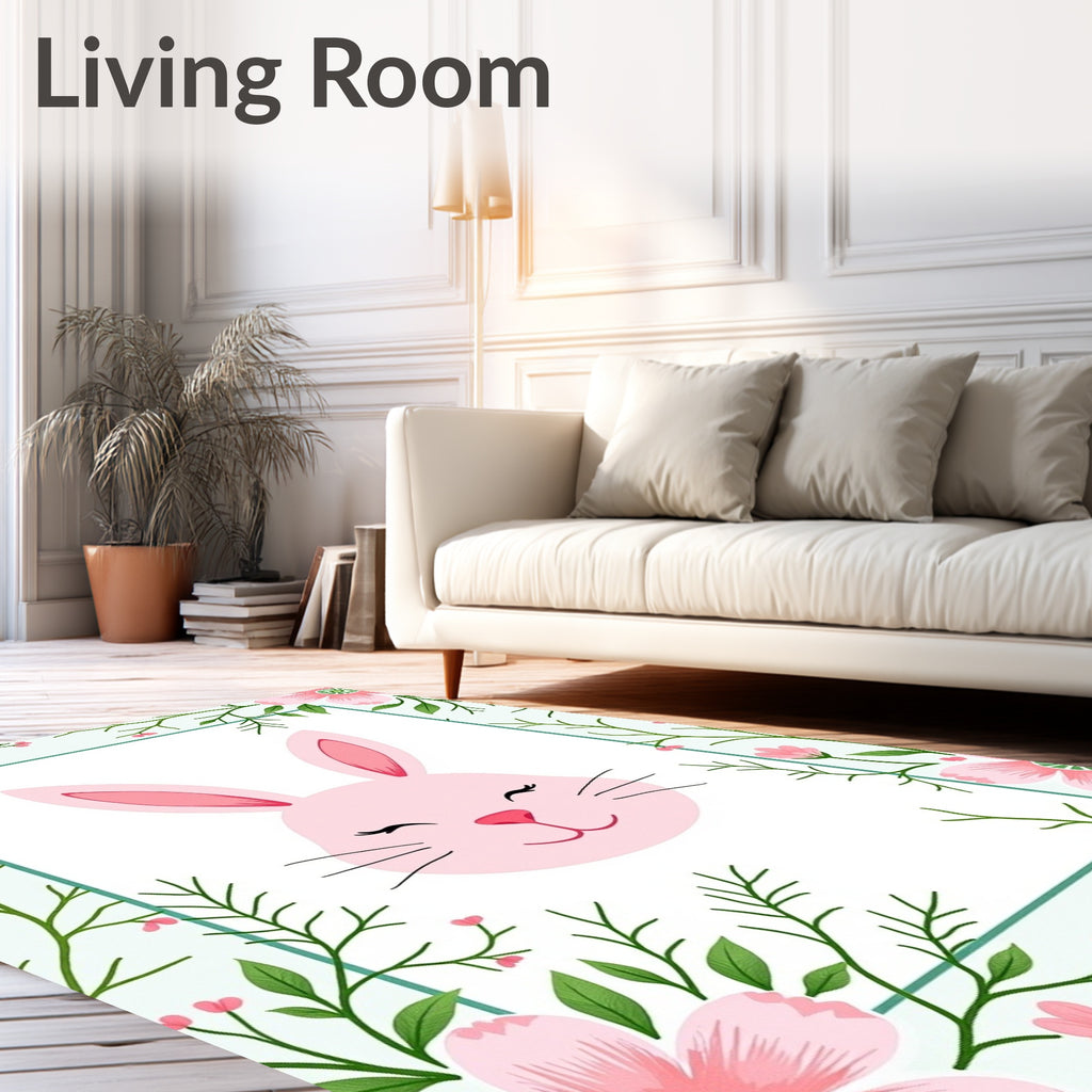 Pink Bunny Floral Spring Border Rug