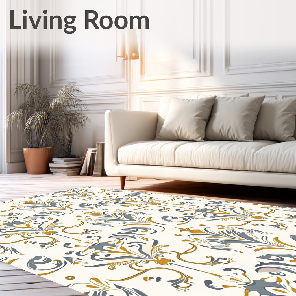 Golden Gray Floral Damask Pattern Rug