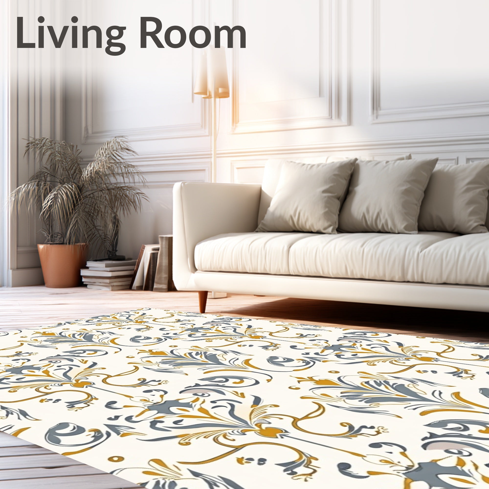 Golden Gray Floral Damask Pattern Rug
