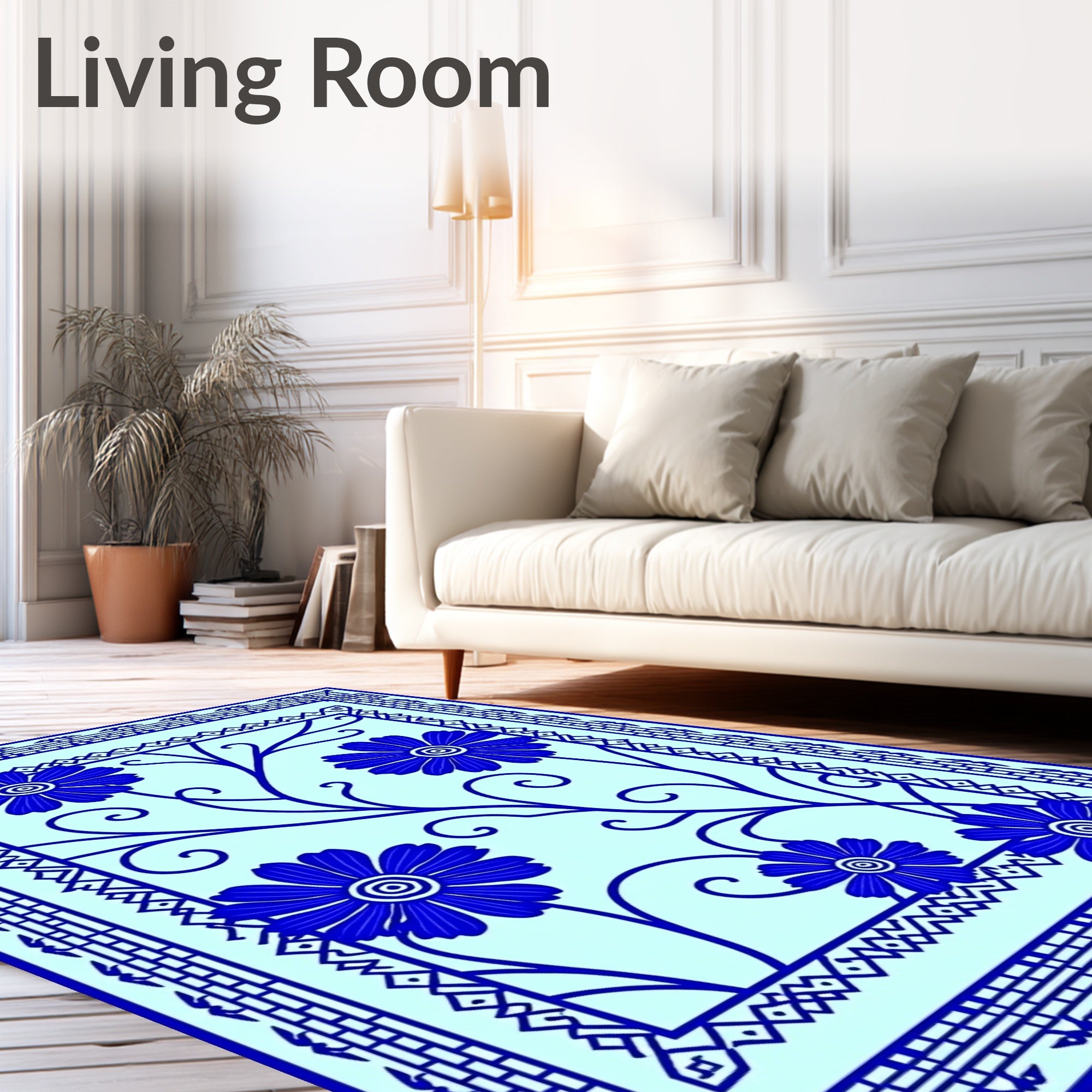 Bold Blue Floral Vine Border Design Rug