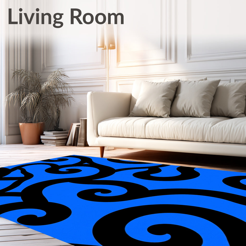 Bold Black Swirls On Bright Blue Rug