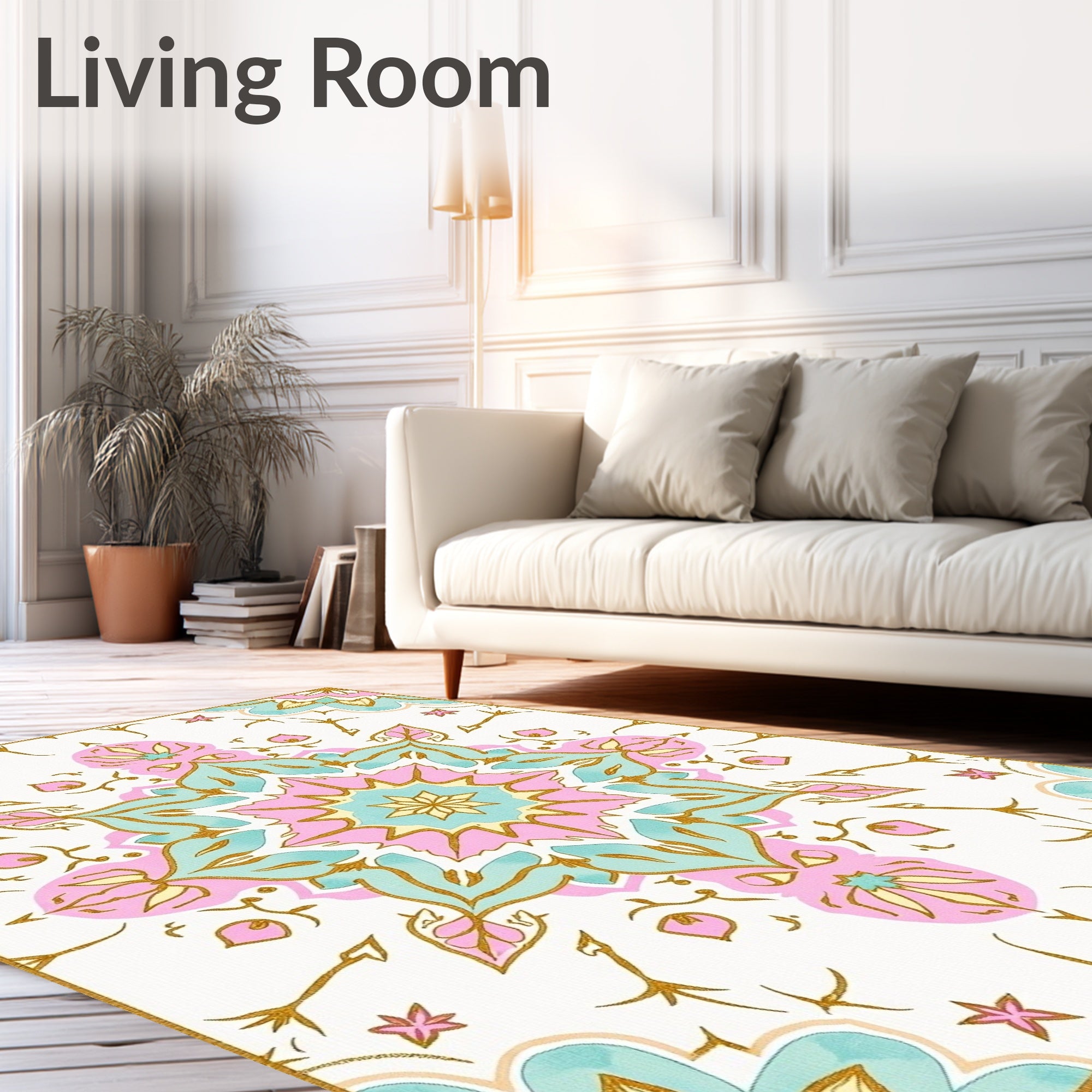 Pastel Floral Mandala Pattern With Gold Rug