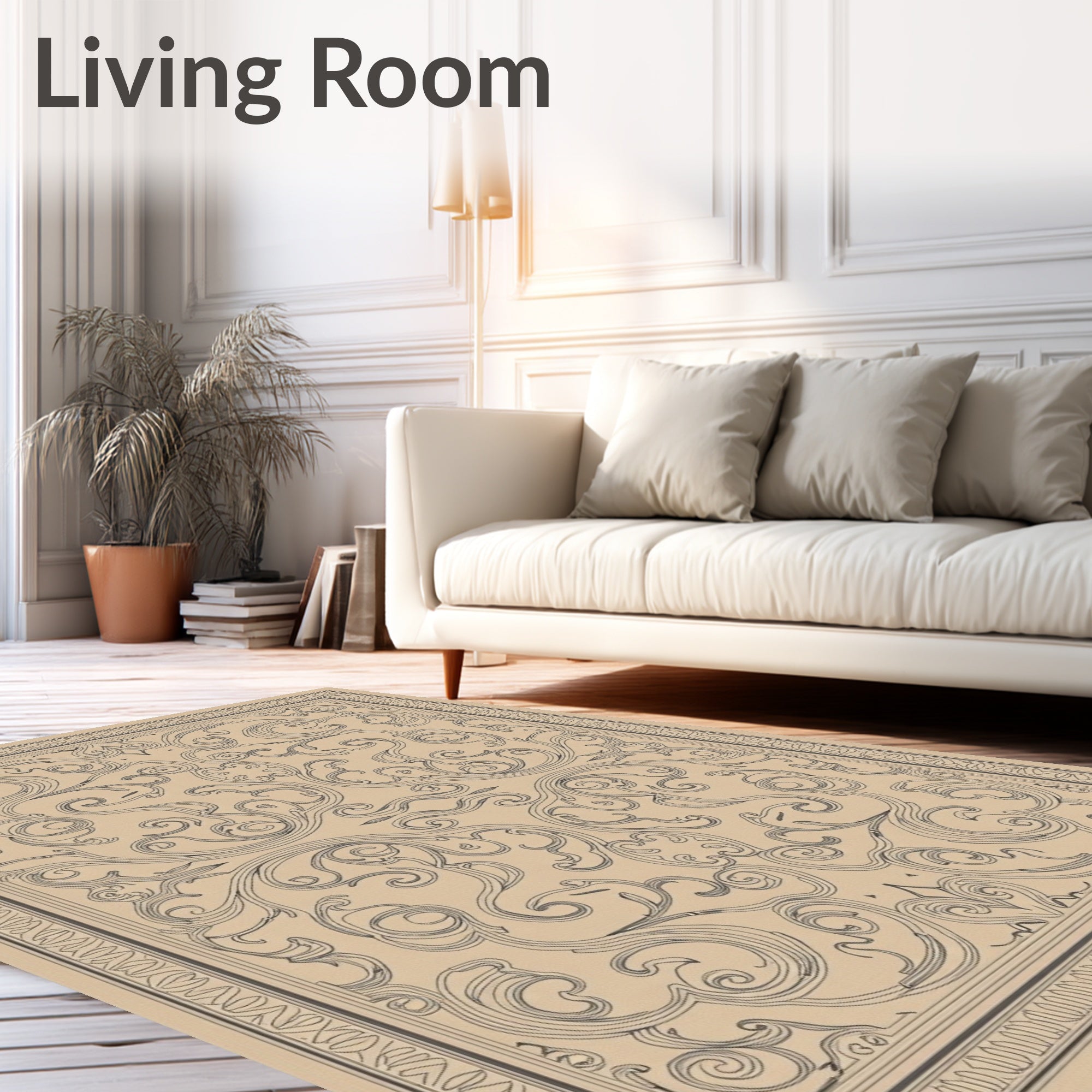 Elegant Scrollwork Patterned Natural Rug