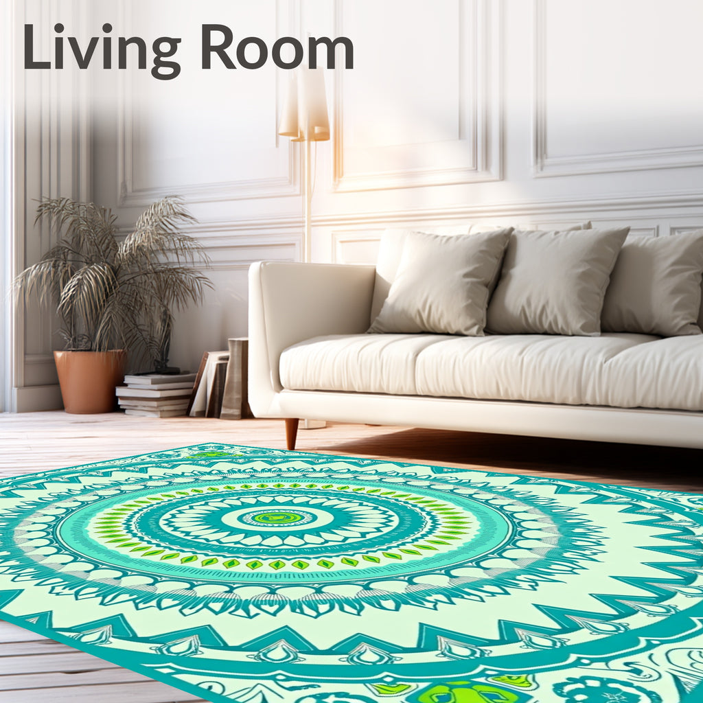 Green Teal Abstract Mandala Design Rug