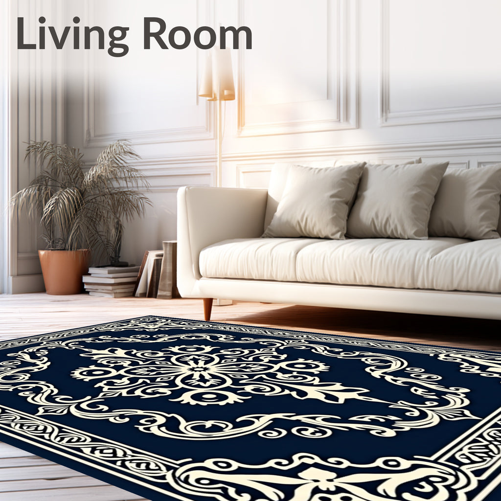 Classic Floral Medallion Navy Cream Rug