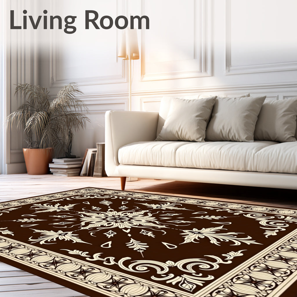 Rich Brown Cream Floral Scroll Border Rug