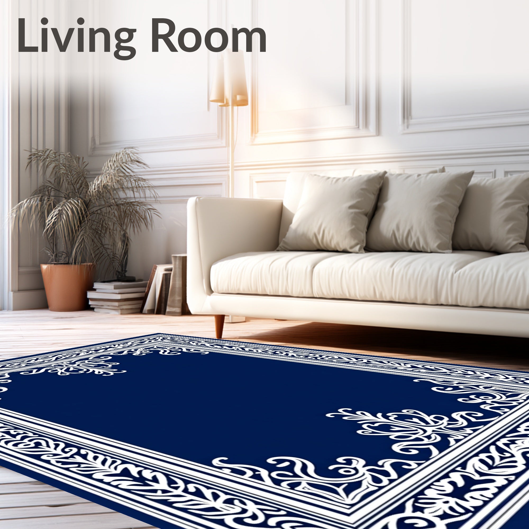 Elegant White Floral Border Rug