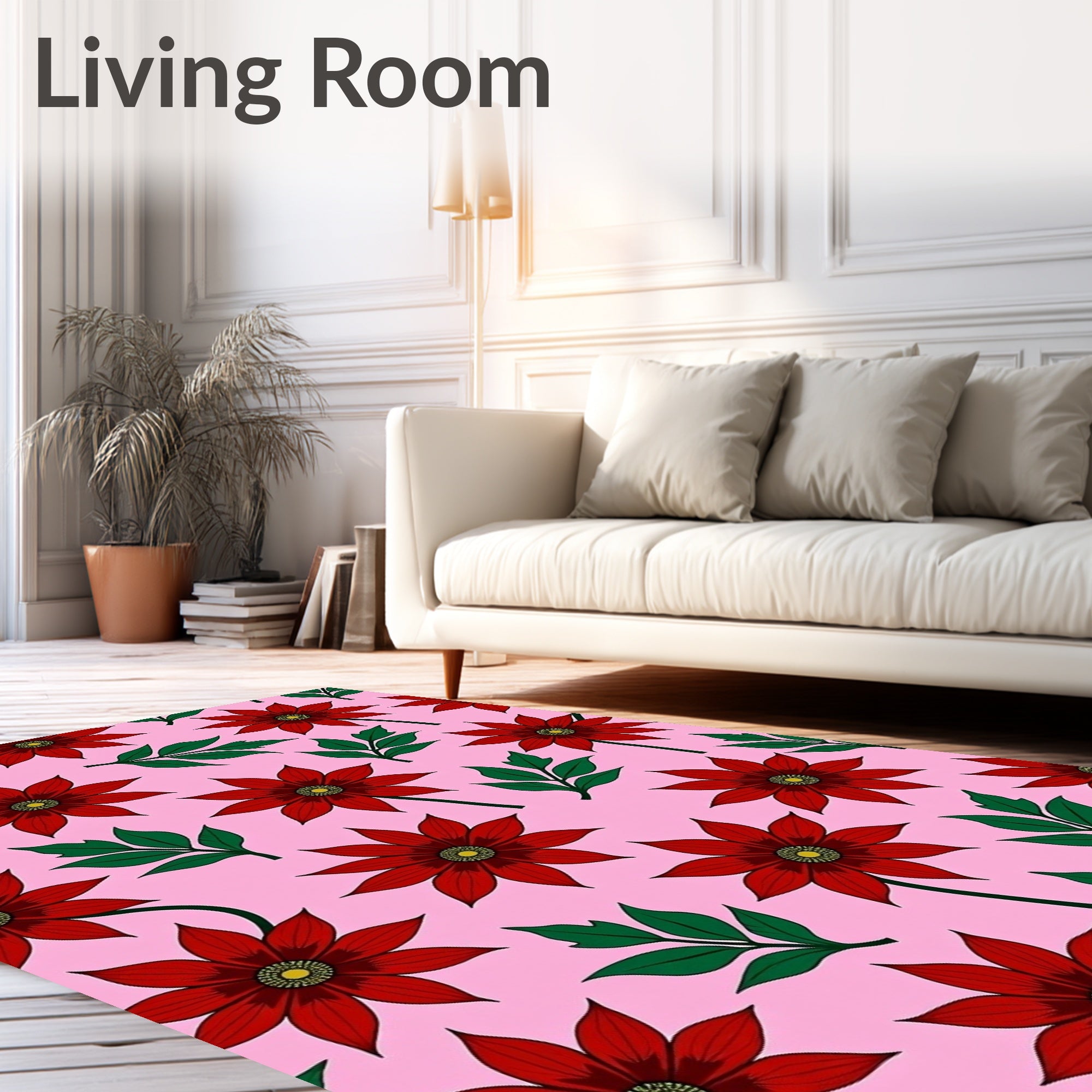 Bold Red Floral Garden Pink Rug