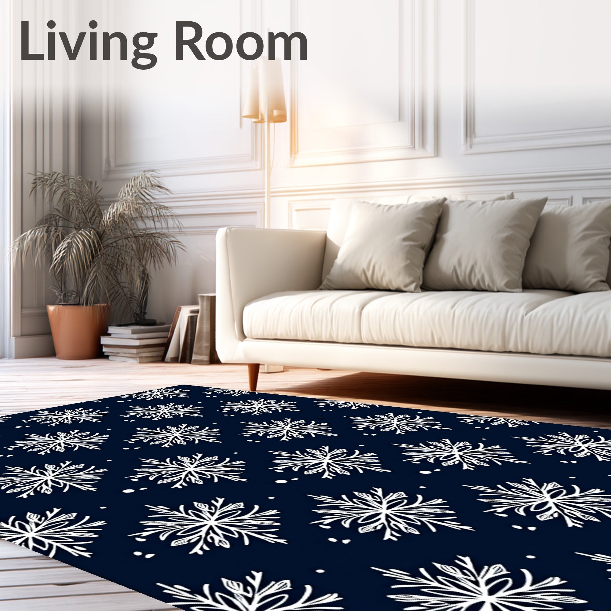 White Snowflake Stars Navy Rug