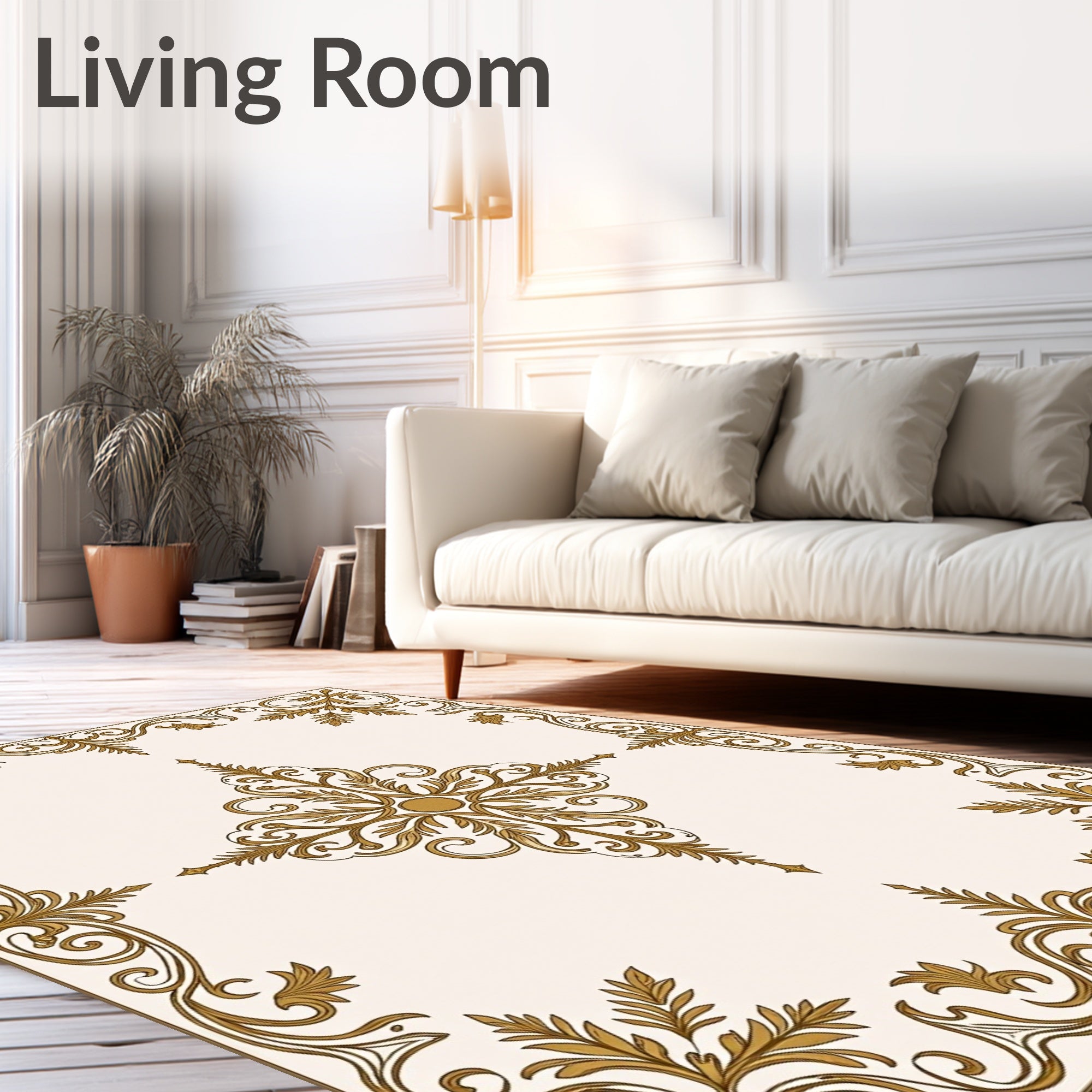 Gold Leaf Scrollwork Square Pattern Rug