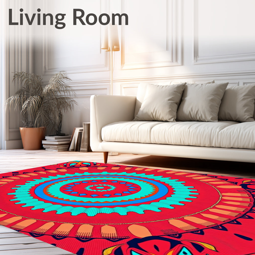 Vibrant Red Geometric Mandala Art Rug