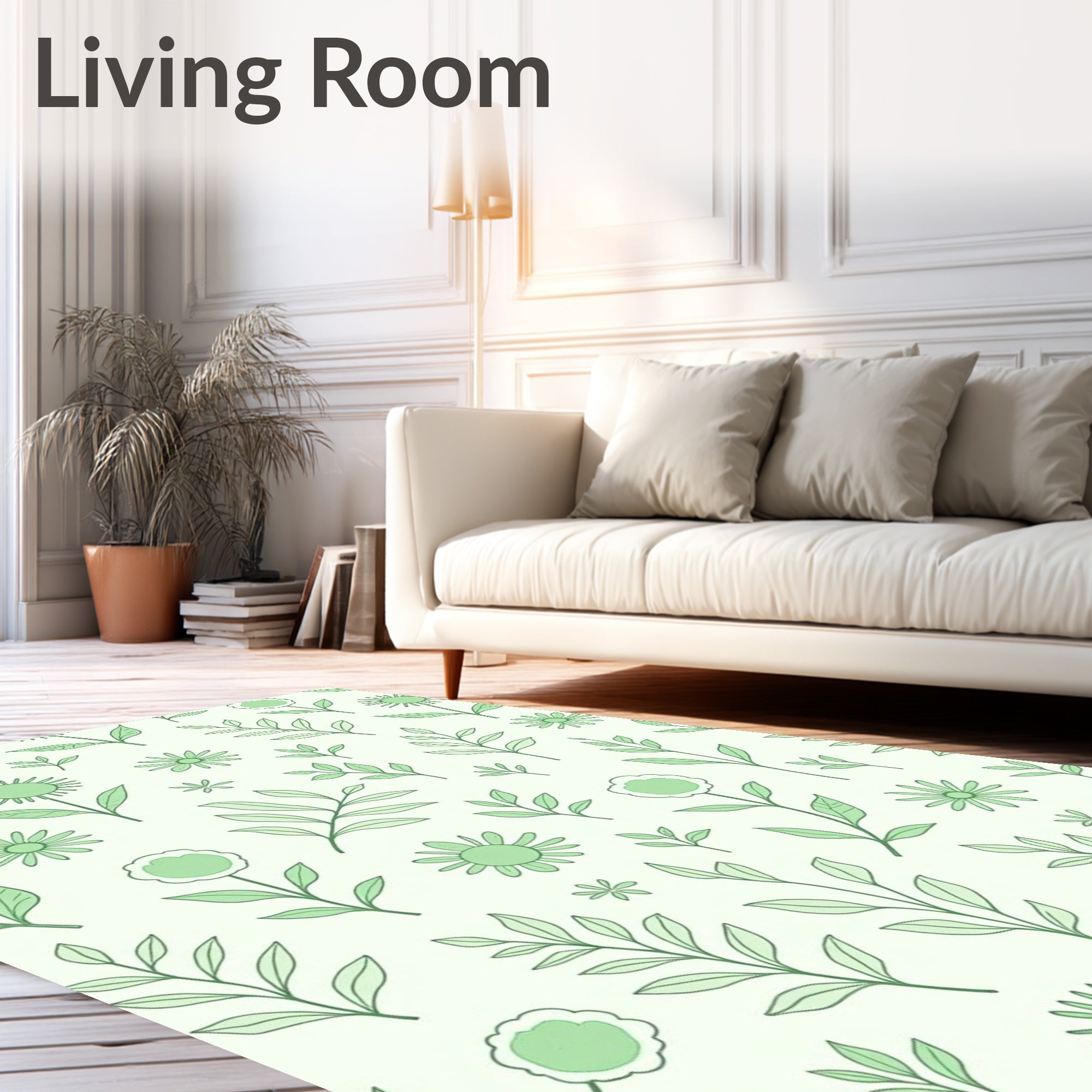 Delicate Green Floral Botanical Pattern Rug
