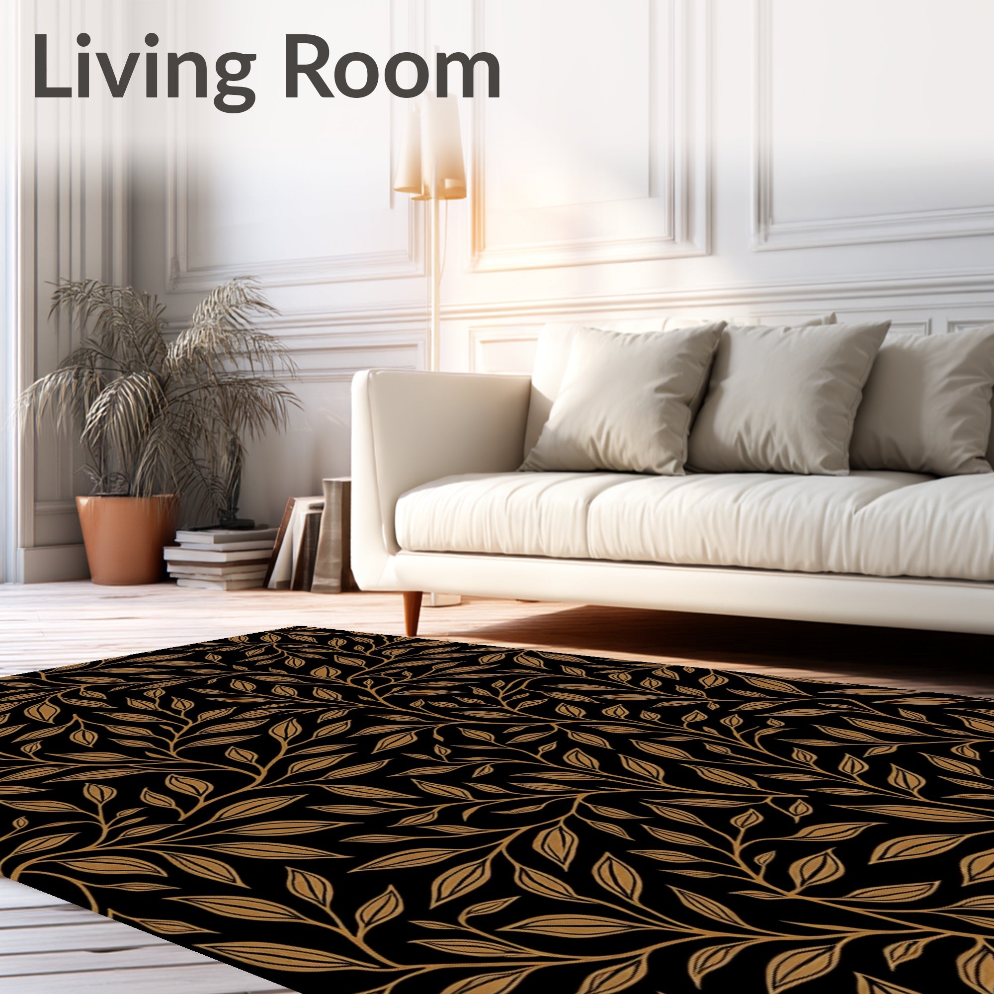 Elegant Gold Leaf Branch Pattern Rug