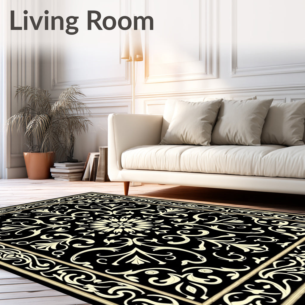 Black Cream Scrollwork Floral Pattern Rug