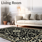 Black Cream Scrollwork Floral Pattern Rug