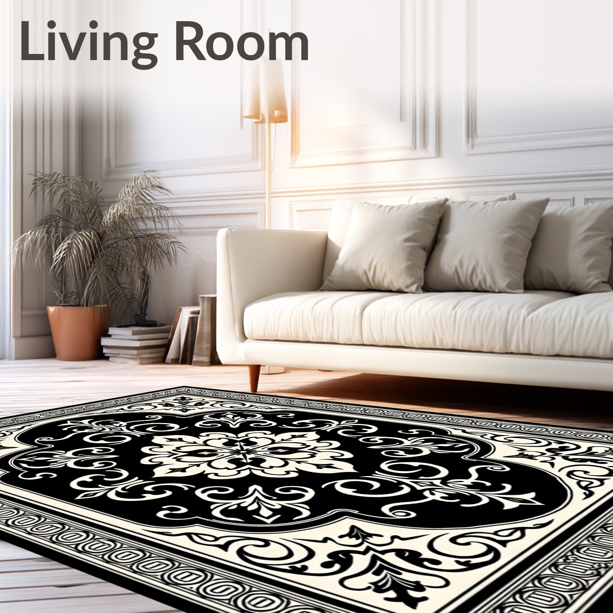 Classic Black White Floral Damask Rug