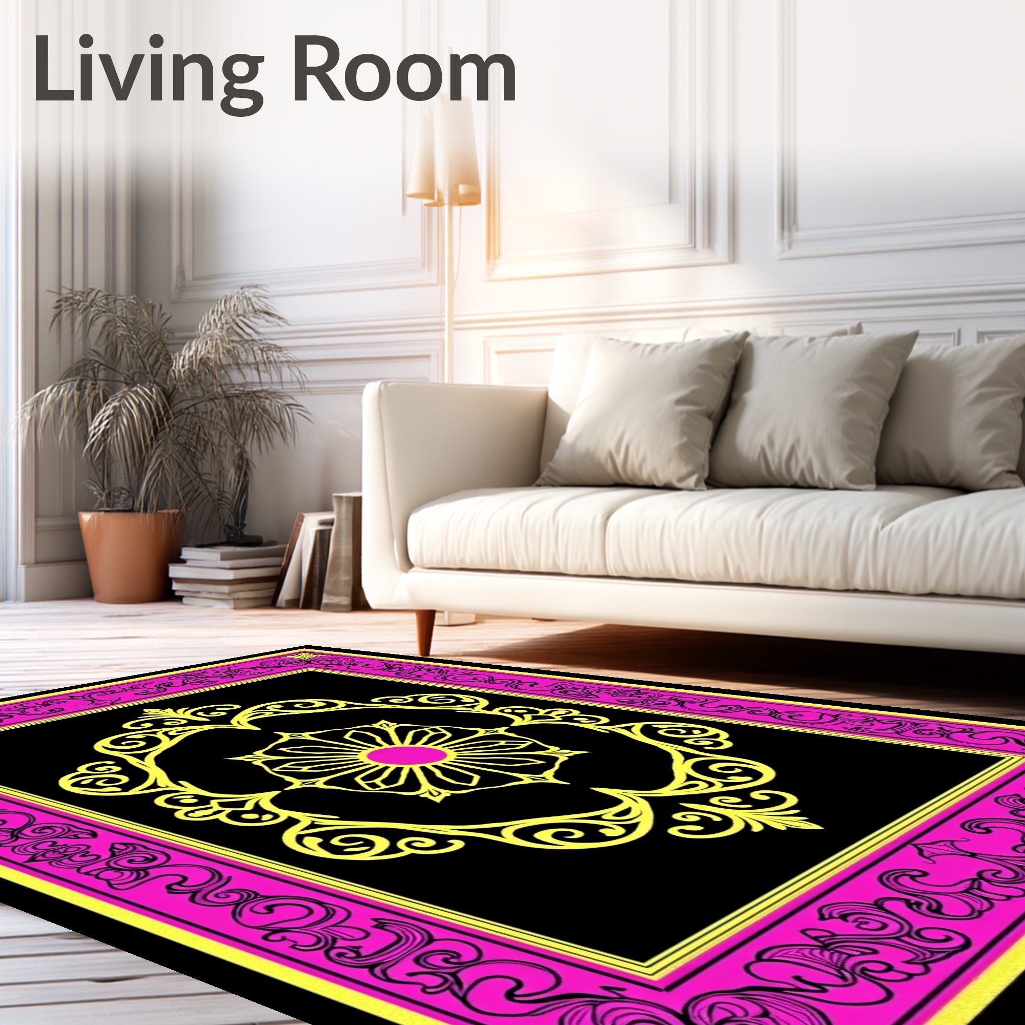 Ornate Yellow Floral Pink Border Rug