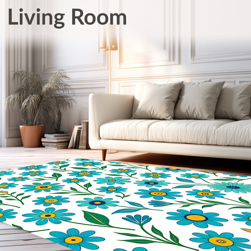 Blue Floral Pattern With Yellow Centers Rug