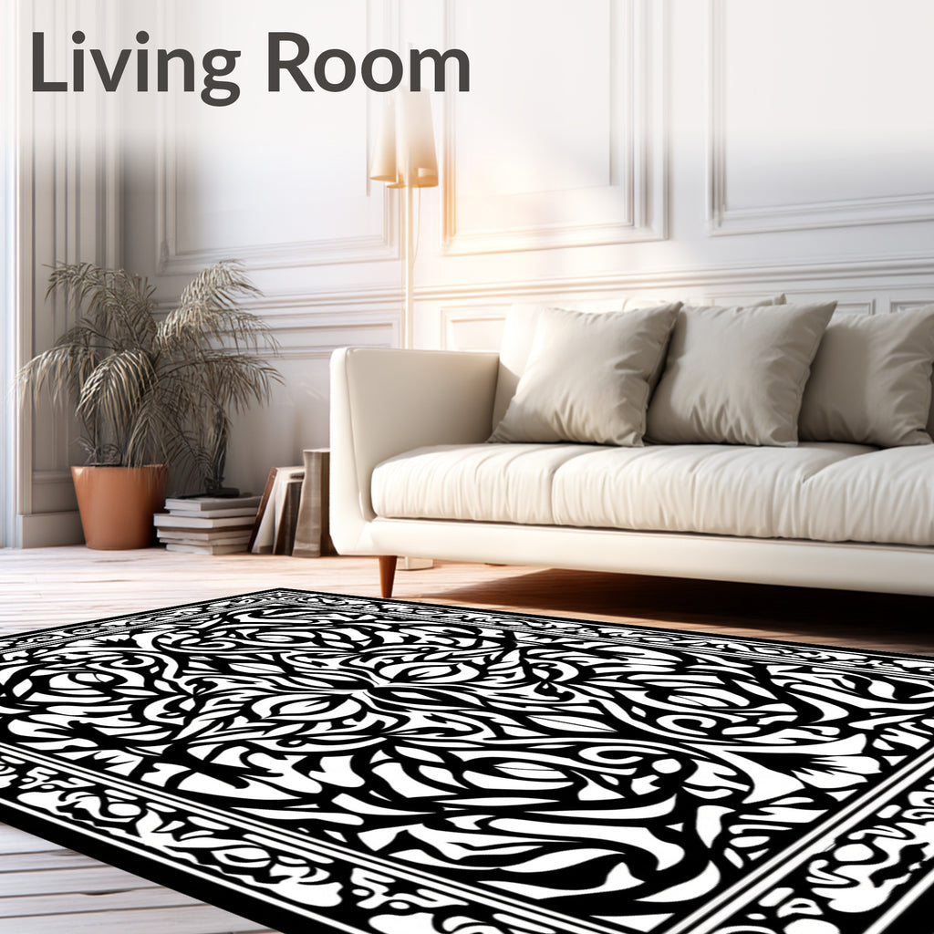 Ornate Black White Floral Pattern Rug