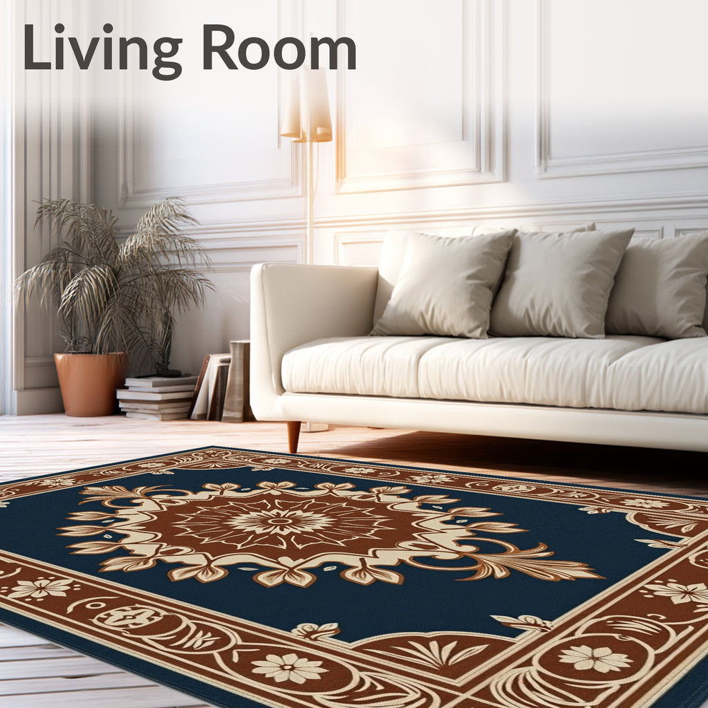 Rich Floral Medallion Dark Blue Pattern Rug