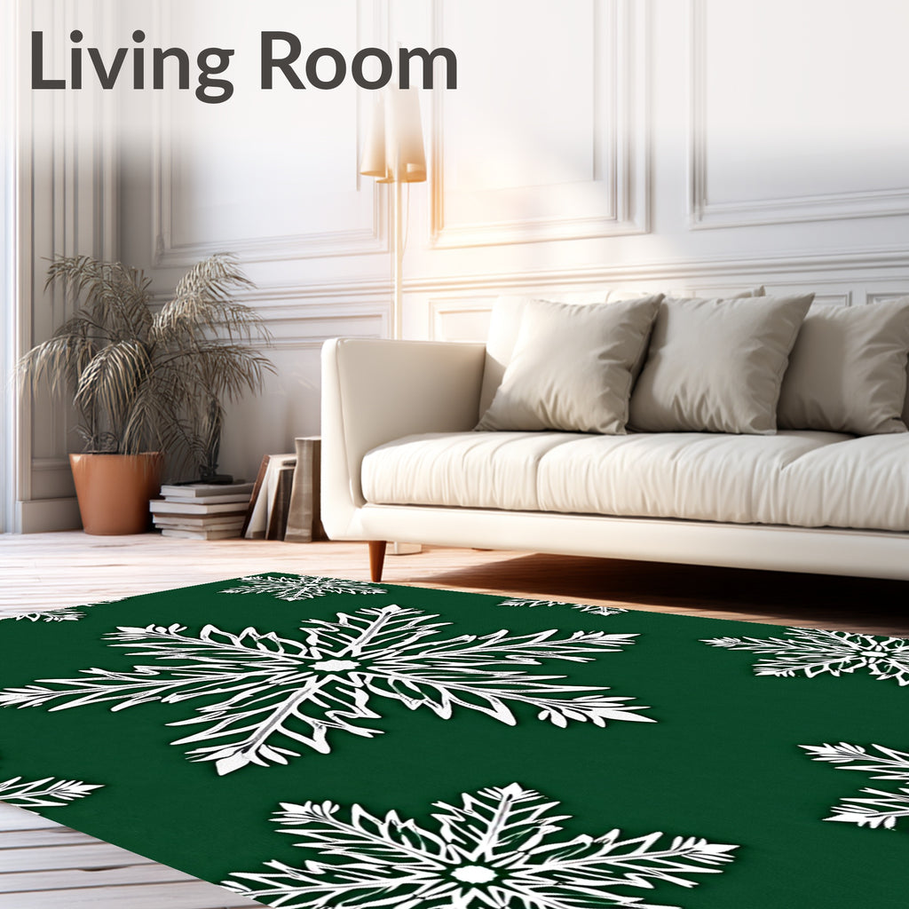 White Snowflake Pattern On Green Background Rug