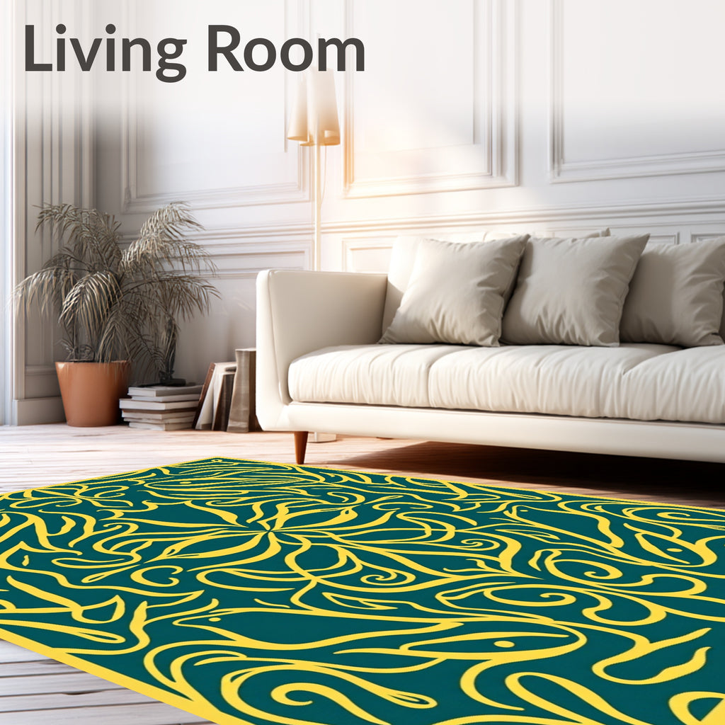 Artistic Yellow Teal Floral Pattern Rug