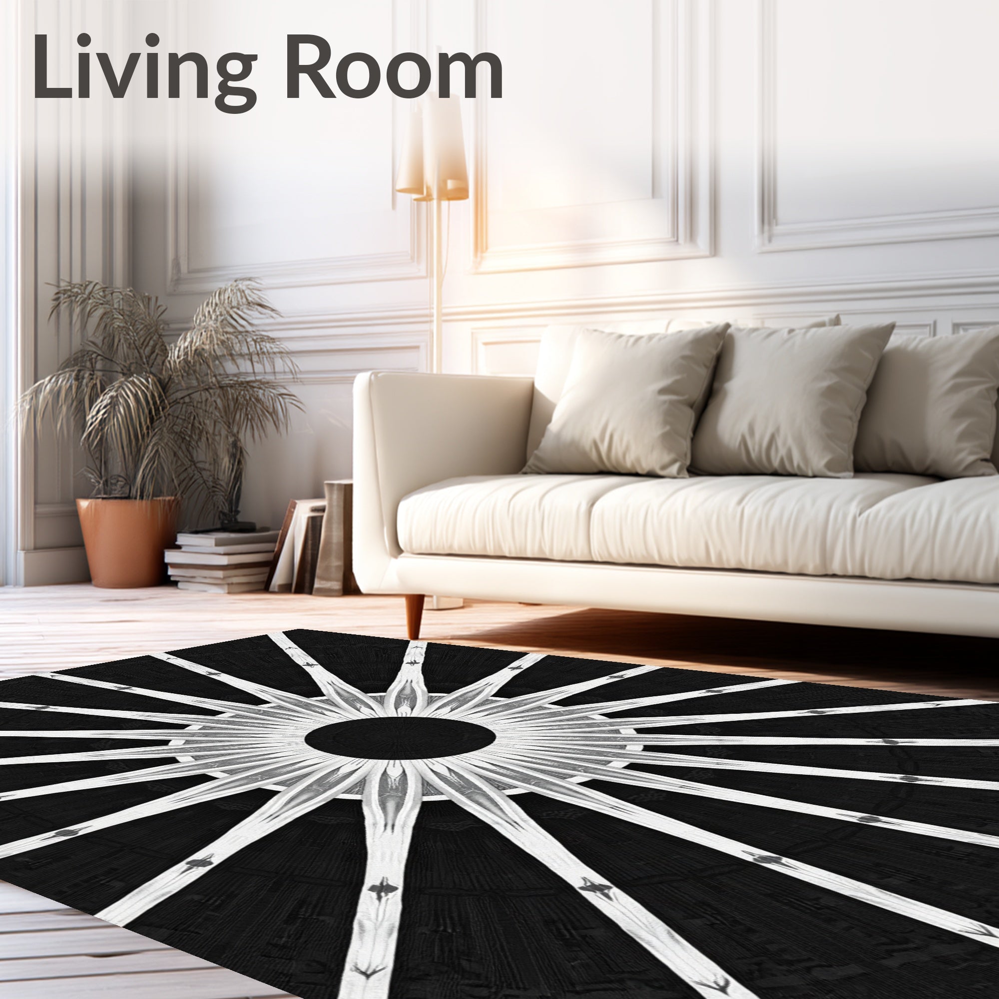 Radiating Starburst Geometric Black White Design Rug