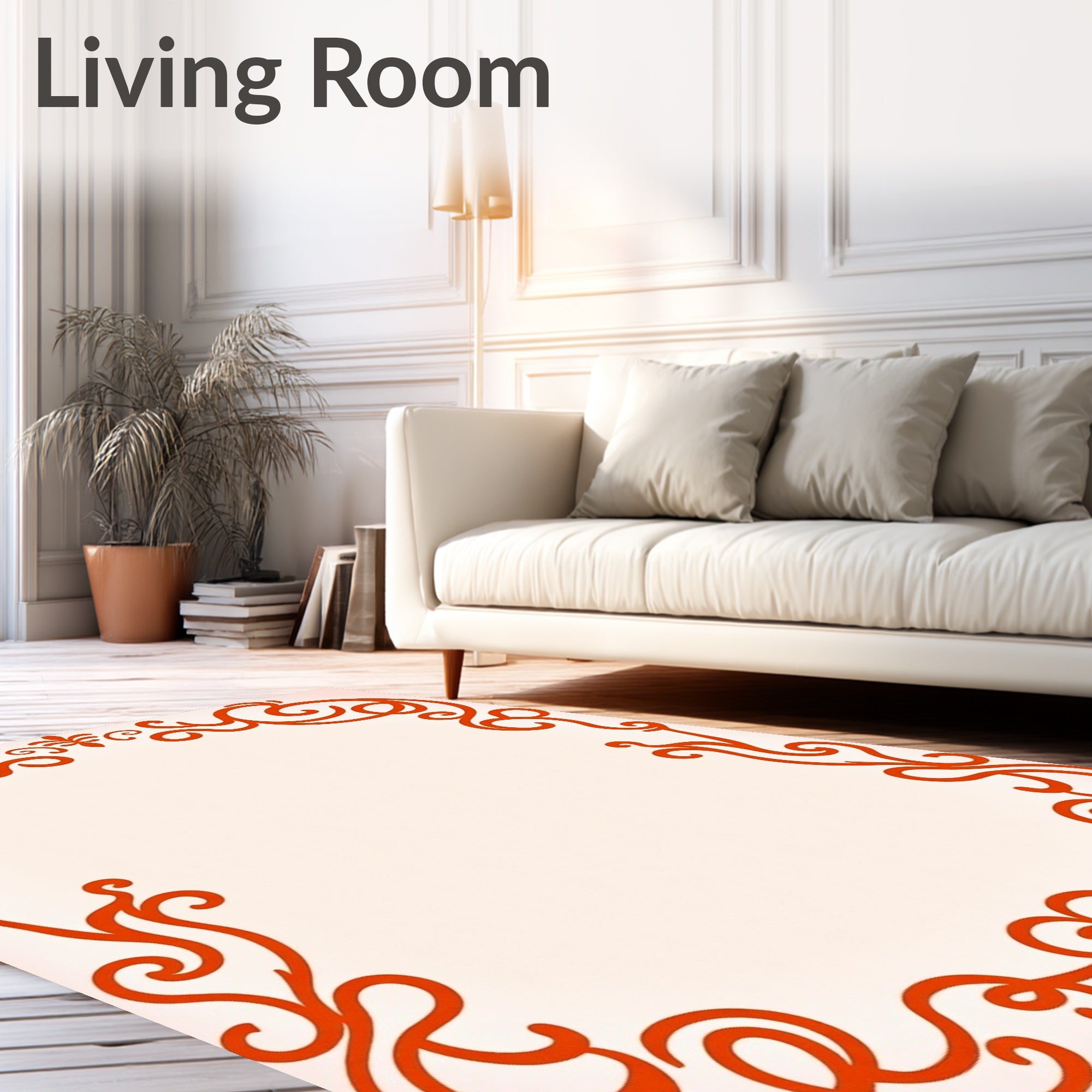 Orange Floral Swirl Scroll Border Rug