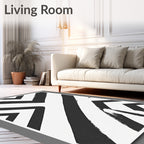 Bold Black White Geometric Brushstroke Rug