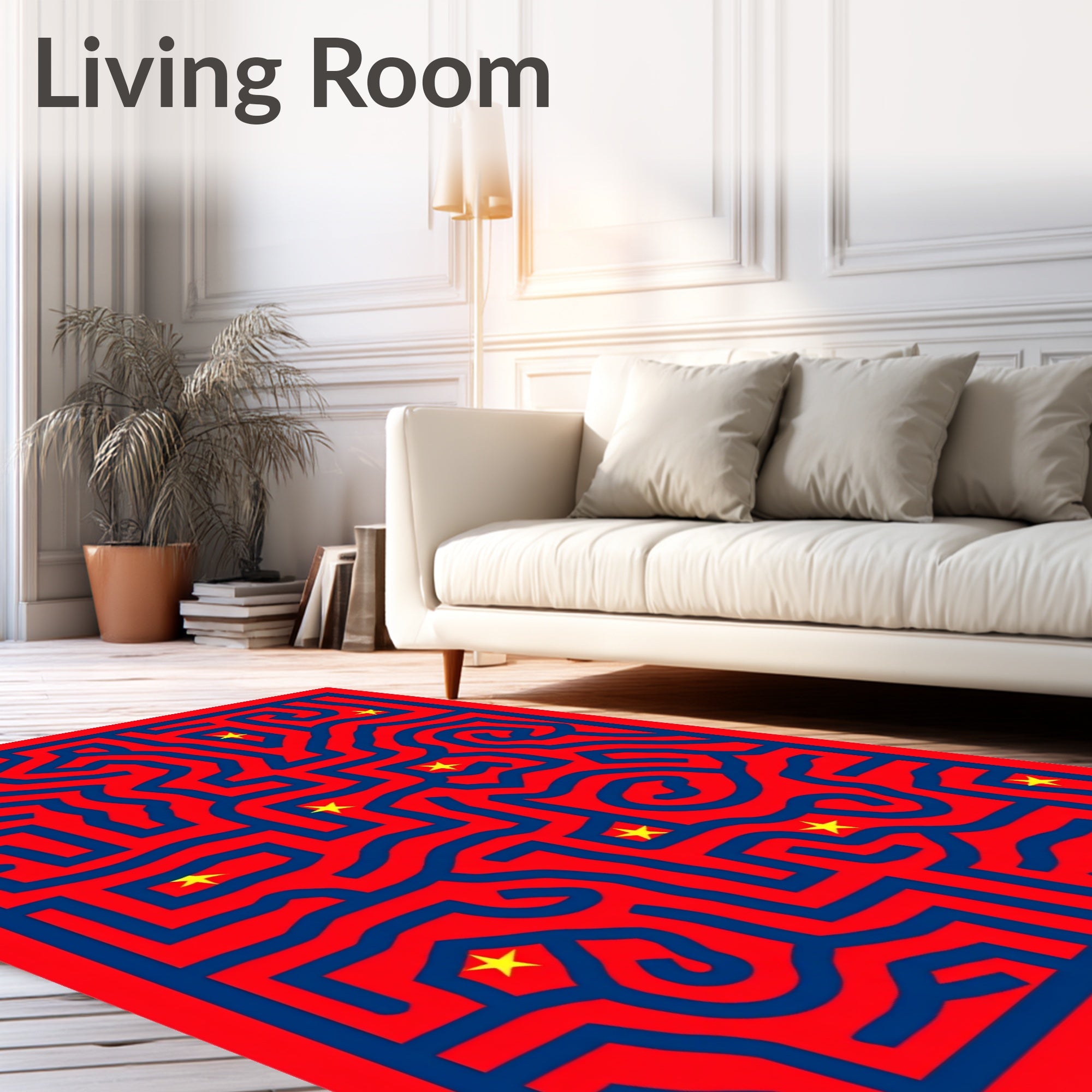 Red Blue Maze With Yellow Stars Rug