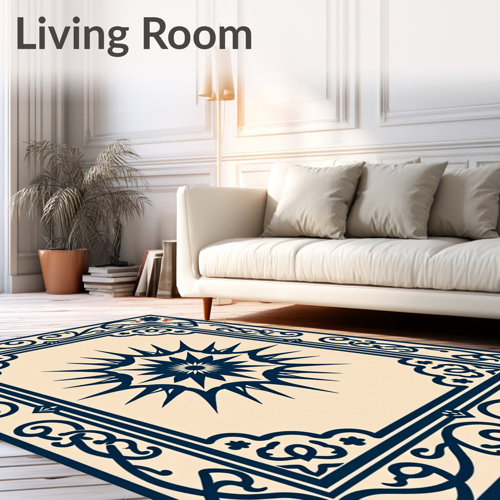 Navy Sun Burst Floral Border Rug