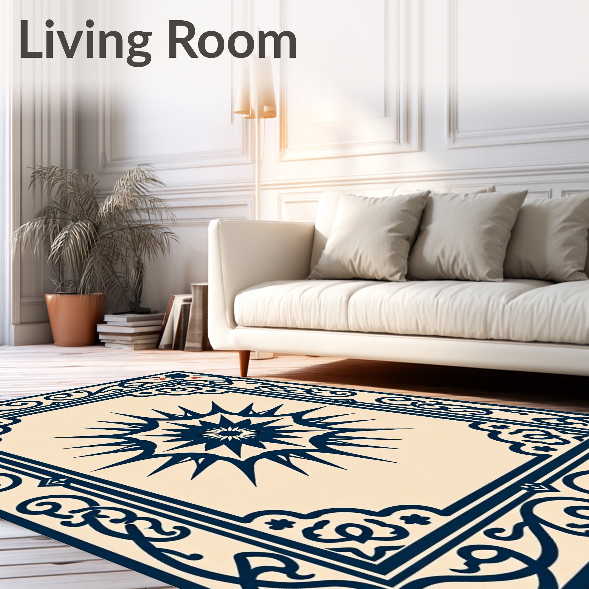 Navy Sun Burst Floral Border Rug