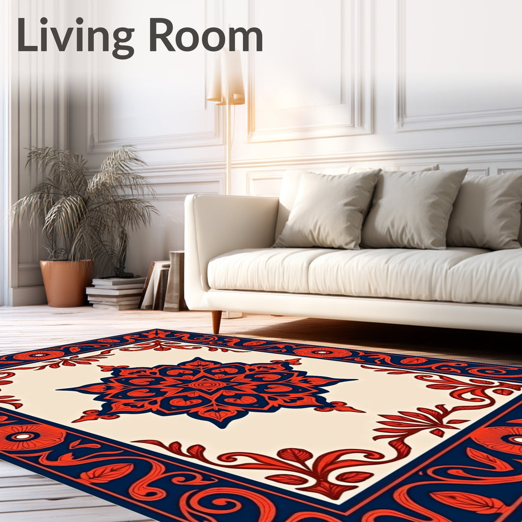 Ornate Red Flower And Swirl Pattern Rug