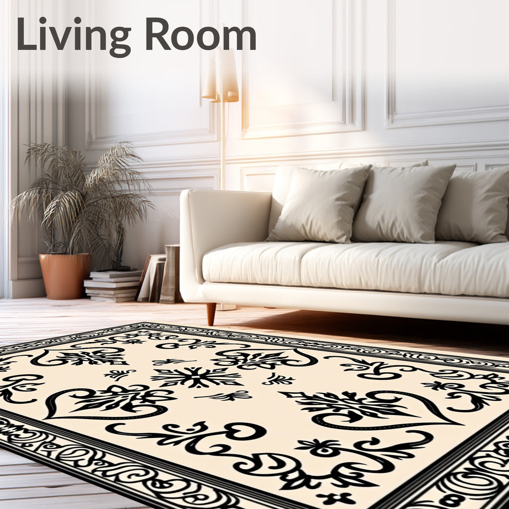 Intricate Black Cream Flourish Mandala Rug