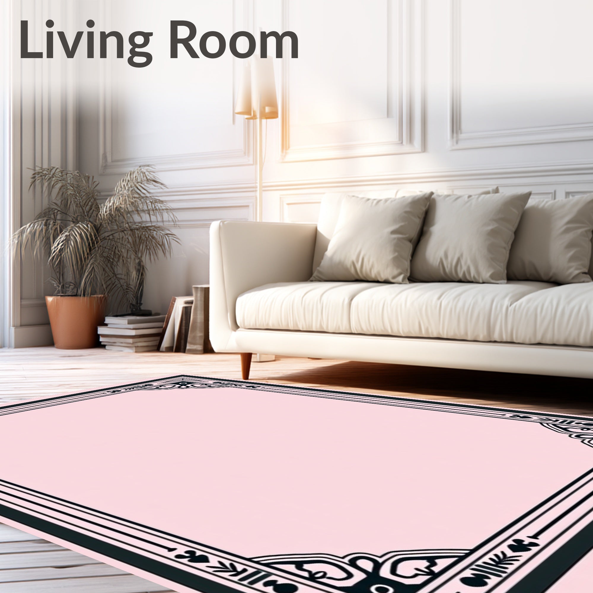 Elegant Black Pink Floral Border Design Rug