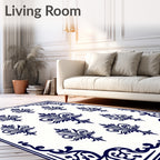 Classic Blue White Damask Floral Design Rug