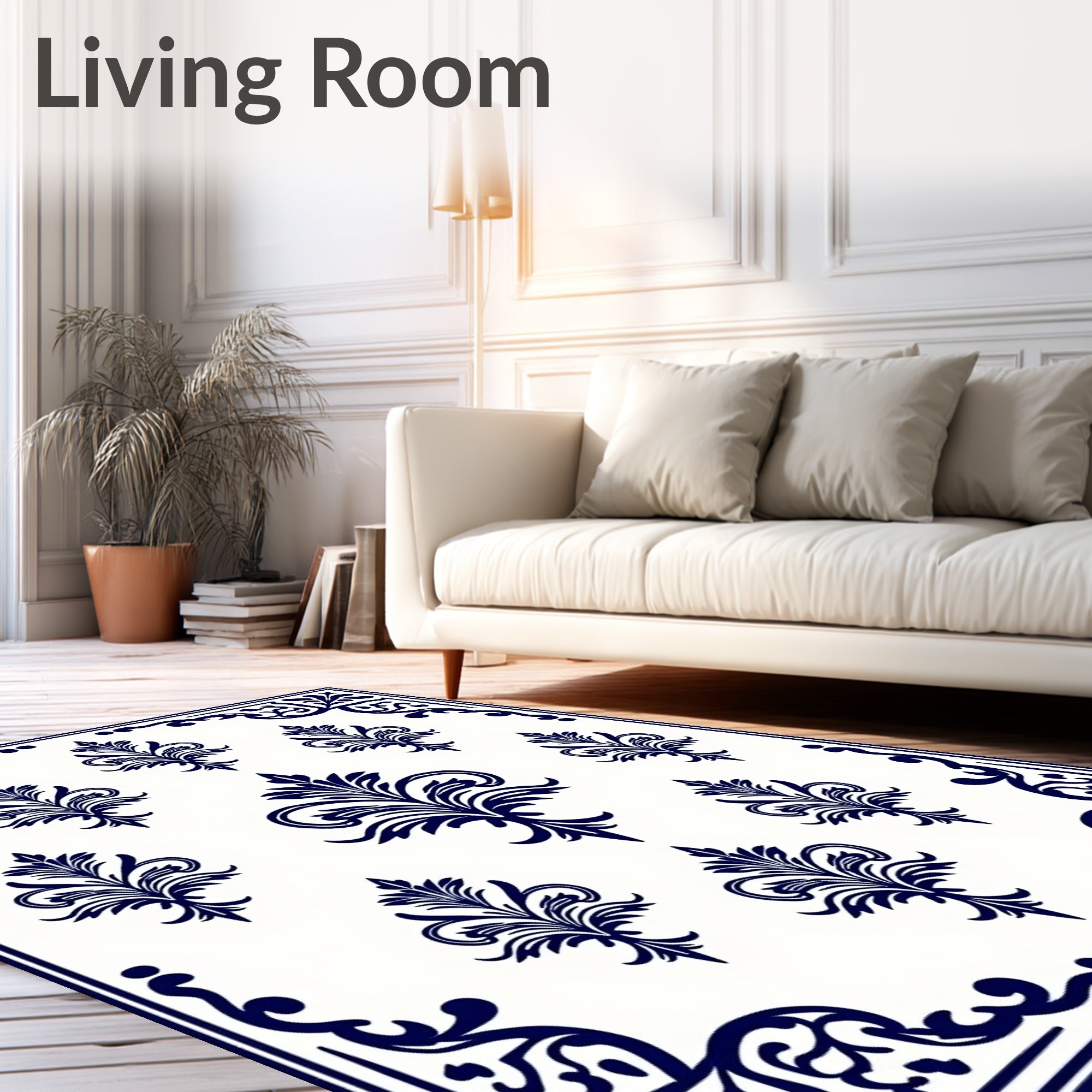 Classic Blue White Damask Floral Design Rug