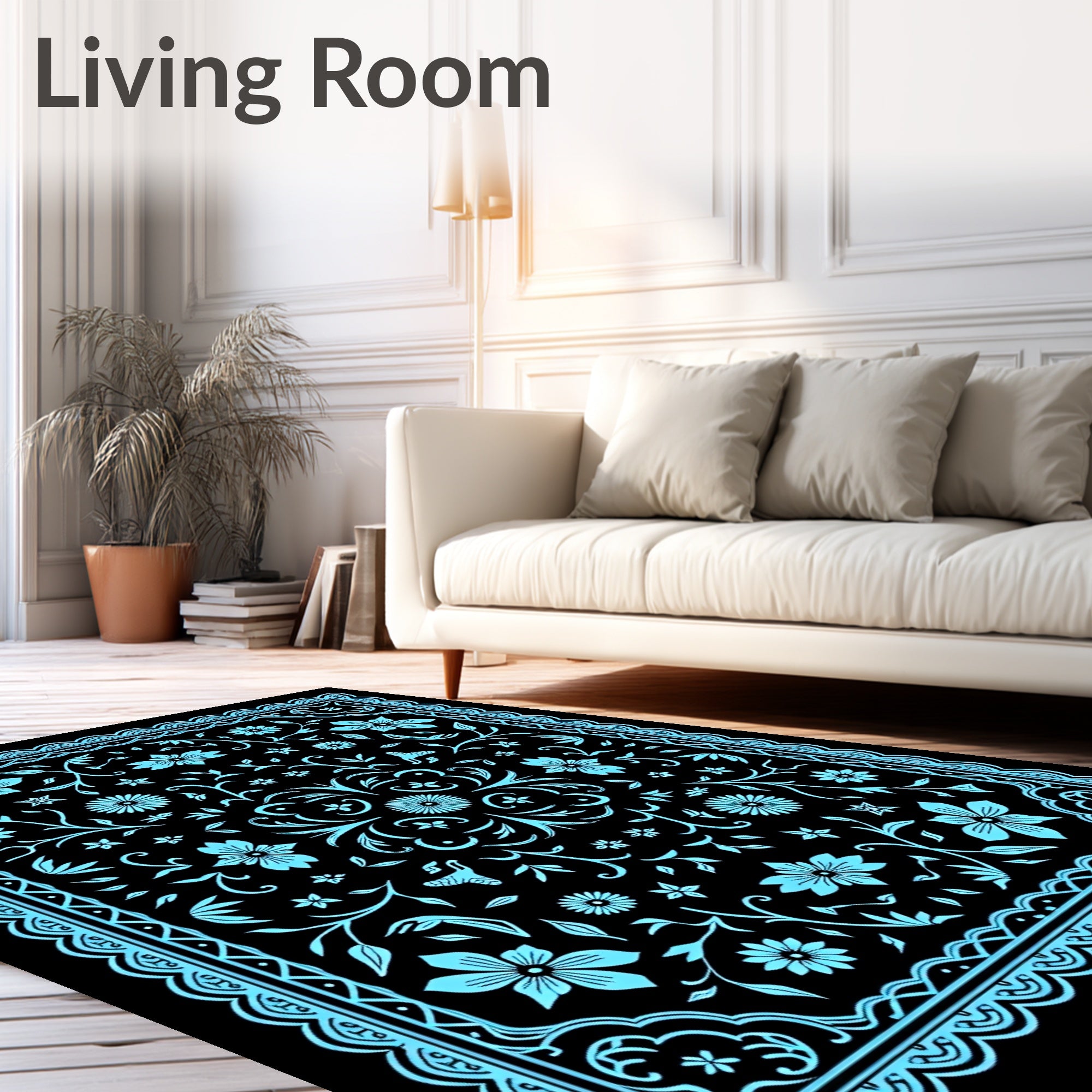 Sky Blue Floral and Vine Design Rug