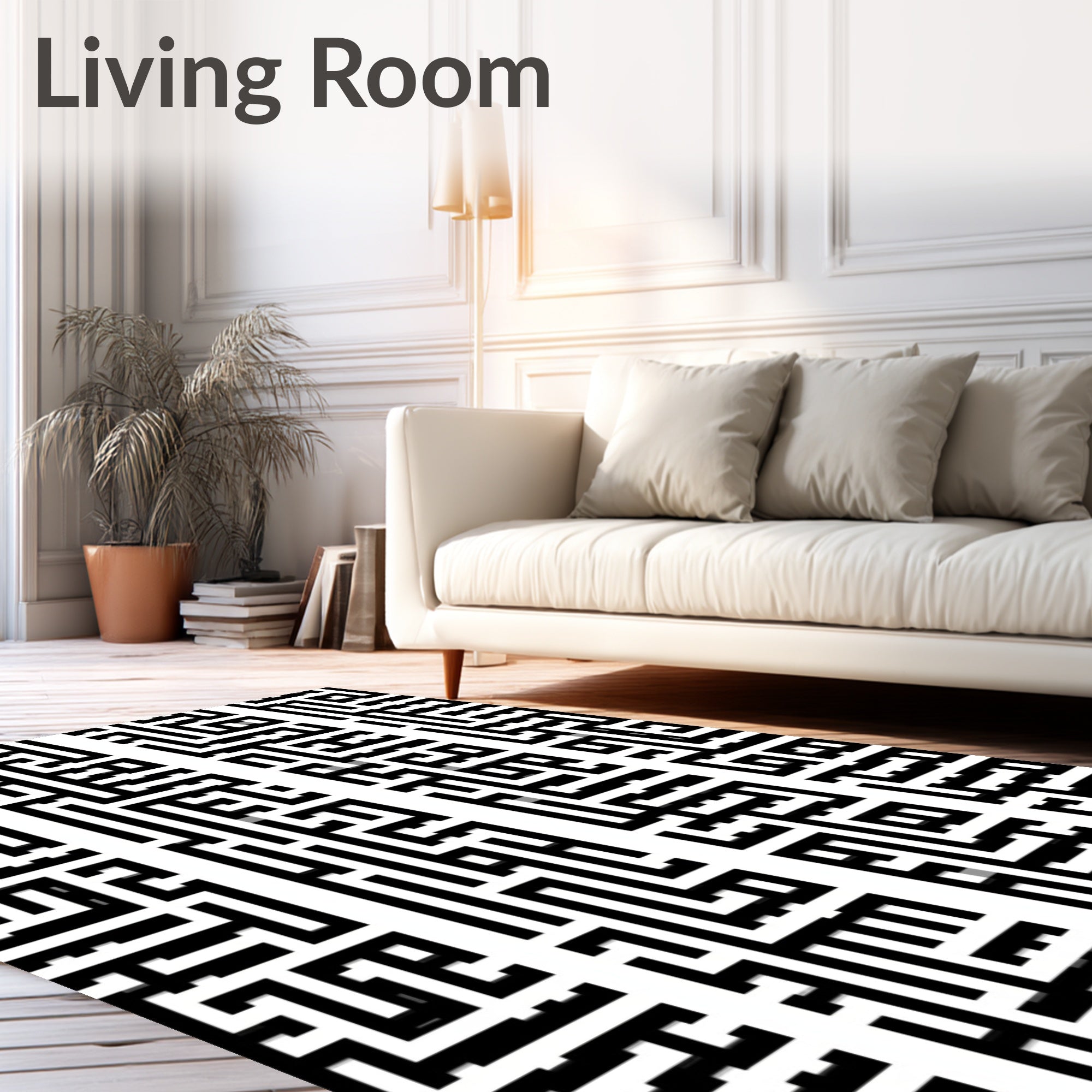 Abstract Black White Maze Pattern Rug